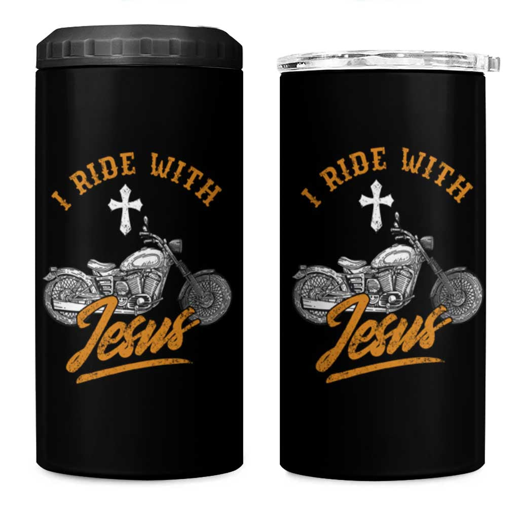 Christian Biker 4 in 1 Can Cooler Tumbler I Ride With Jesus Faith Motorcycle