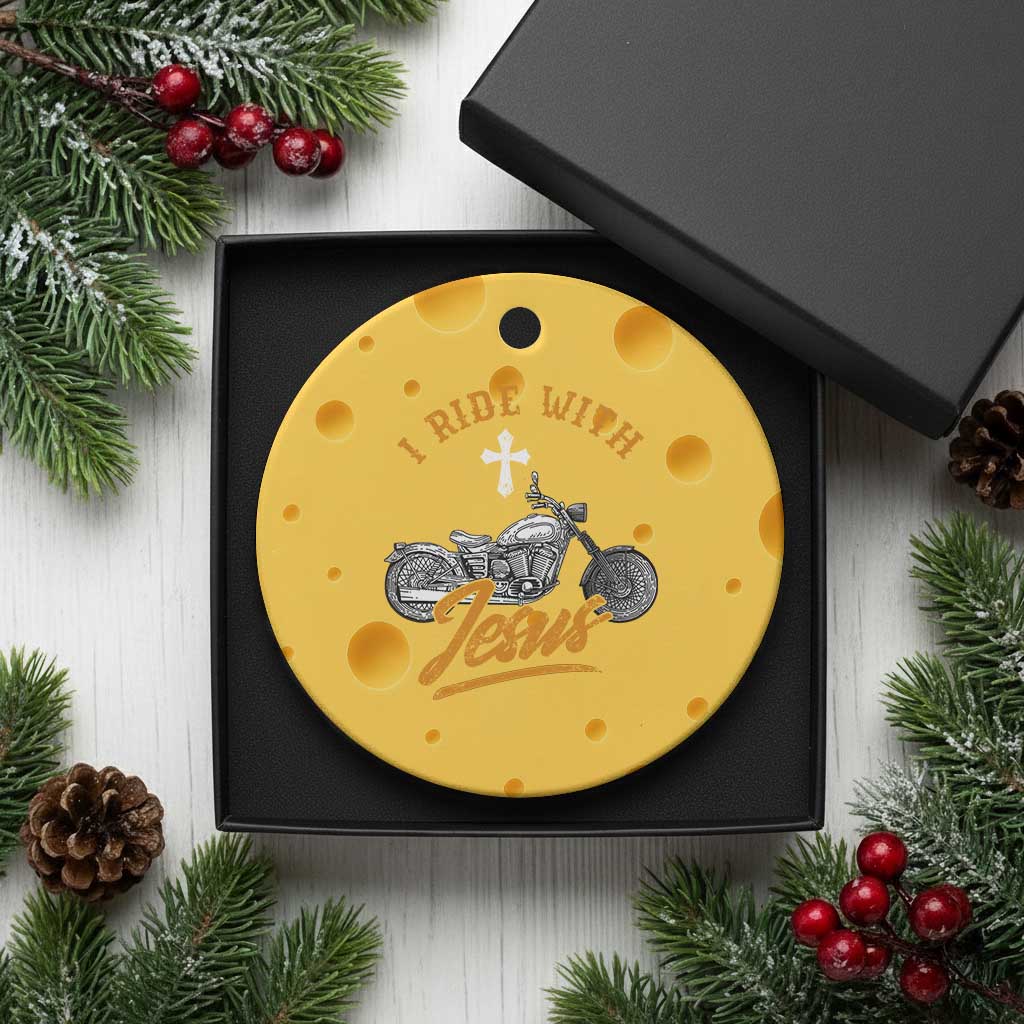 Christian Biker Ceramic Ornament I Ride With Jesus Faith Motorcycle - Wonder Print Shop