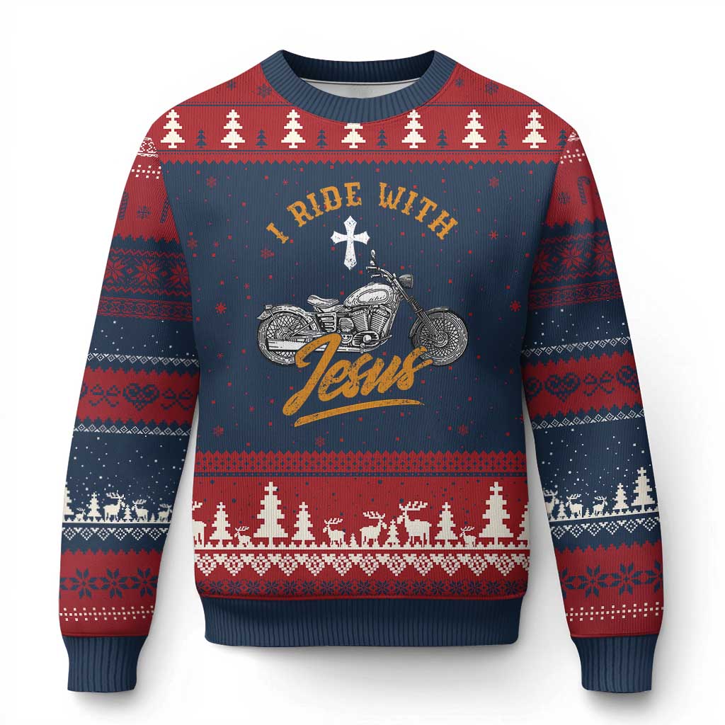 Christian Biker Ugly Christmas Sweater I Ride With Jesus Faith Motorcycle - Wonder Print Shop