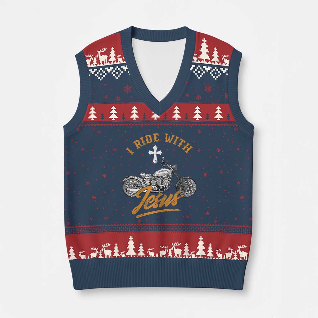 Christian Biker V-Neck Knit Sweater Vest I Ride With Jesus Faith Motorcycle - Wonder Print Shop