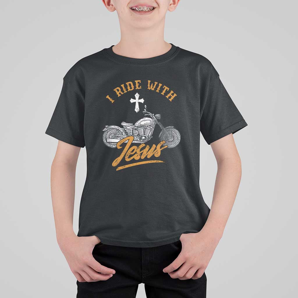 Christian Biker T Shirt For Kid I Ride With Jesus Faith Motorcycle