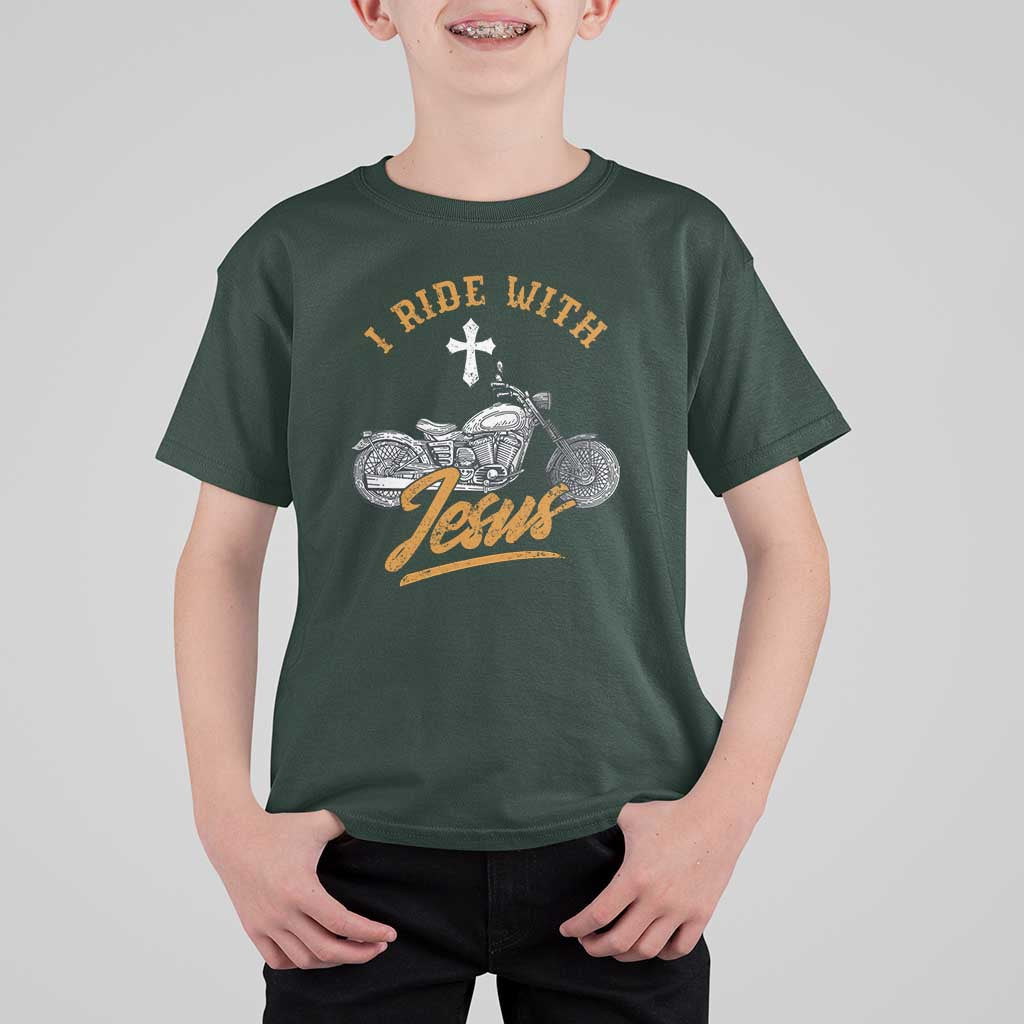 Christian Biker T Shirt For Kid I Ride With Jesus Faith Motorcycle