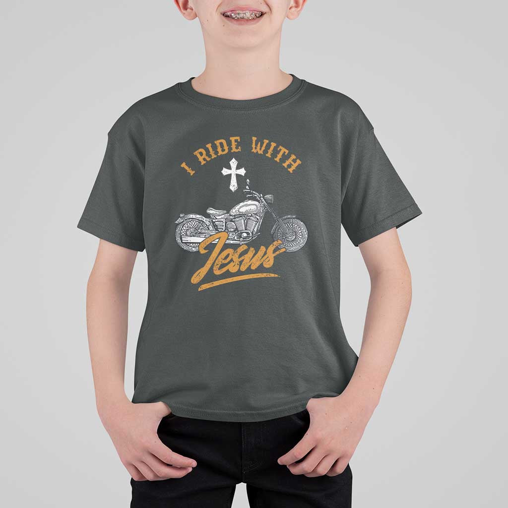 Christian Biker T Shirt For Kid I Ride With Jesus Faith Motorcycle