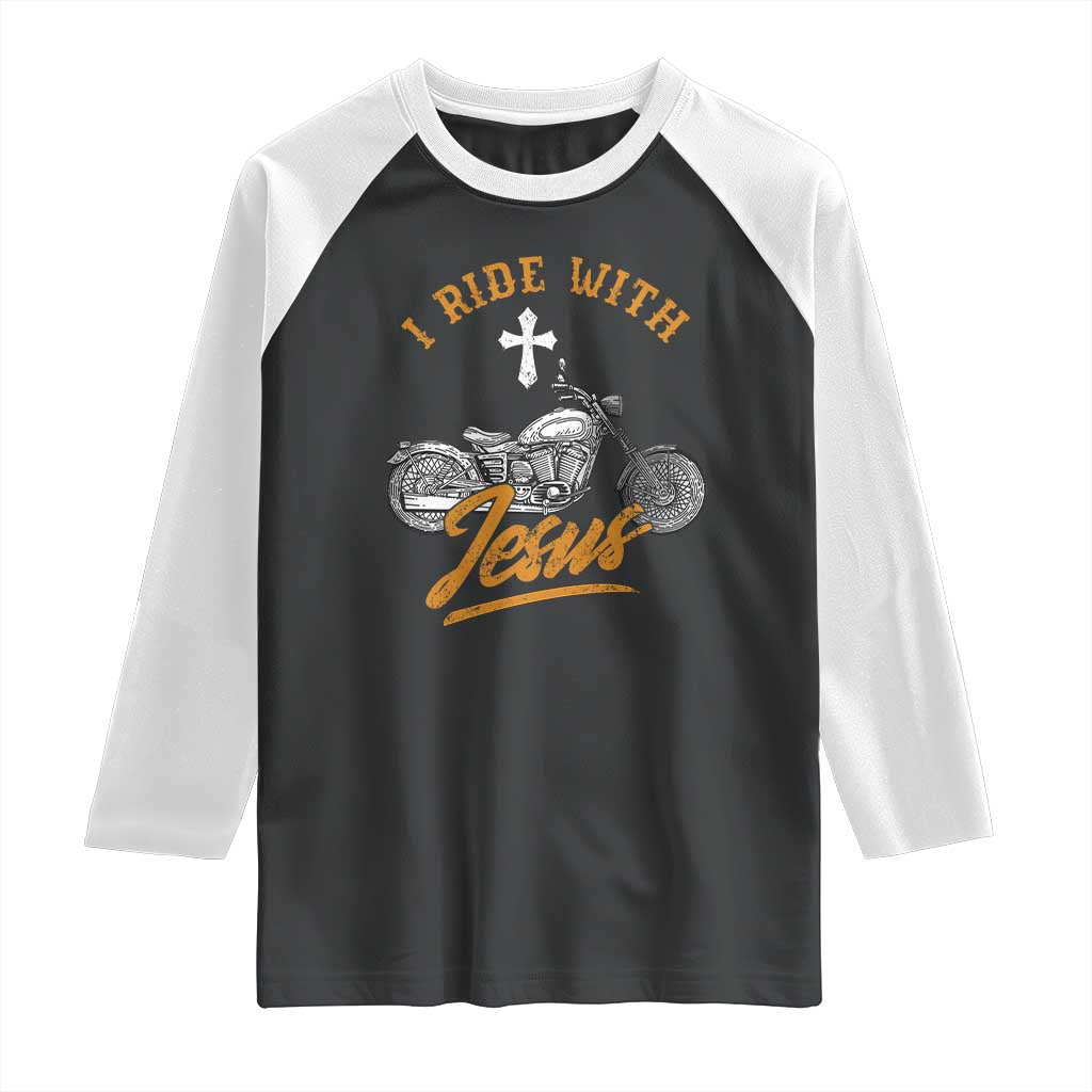 Christian Biker Raglan Shirt I Ride With Jesus Faith Motorcycle
