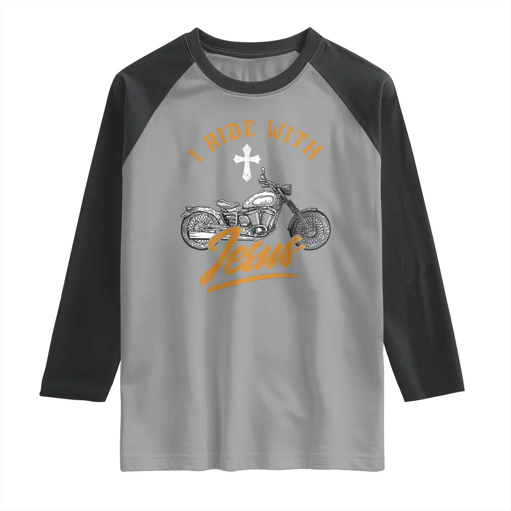 Christian Biker Raglan Shirt I Ride With Jesus Faith Motorcycle