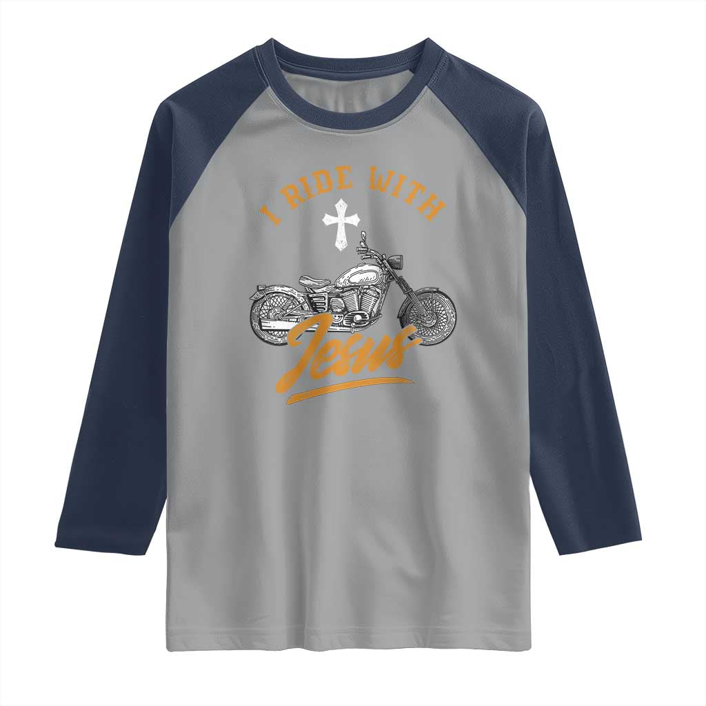 Christian Biker Raglan Shirt I Ride With Jesus Faith Motorcycle
