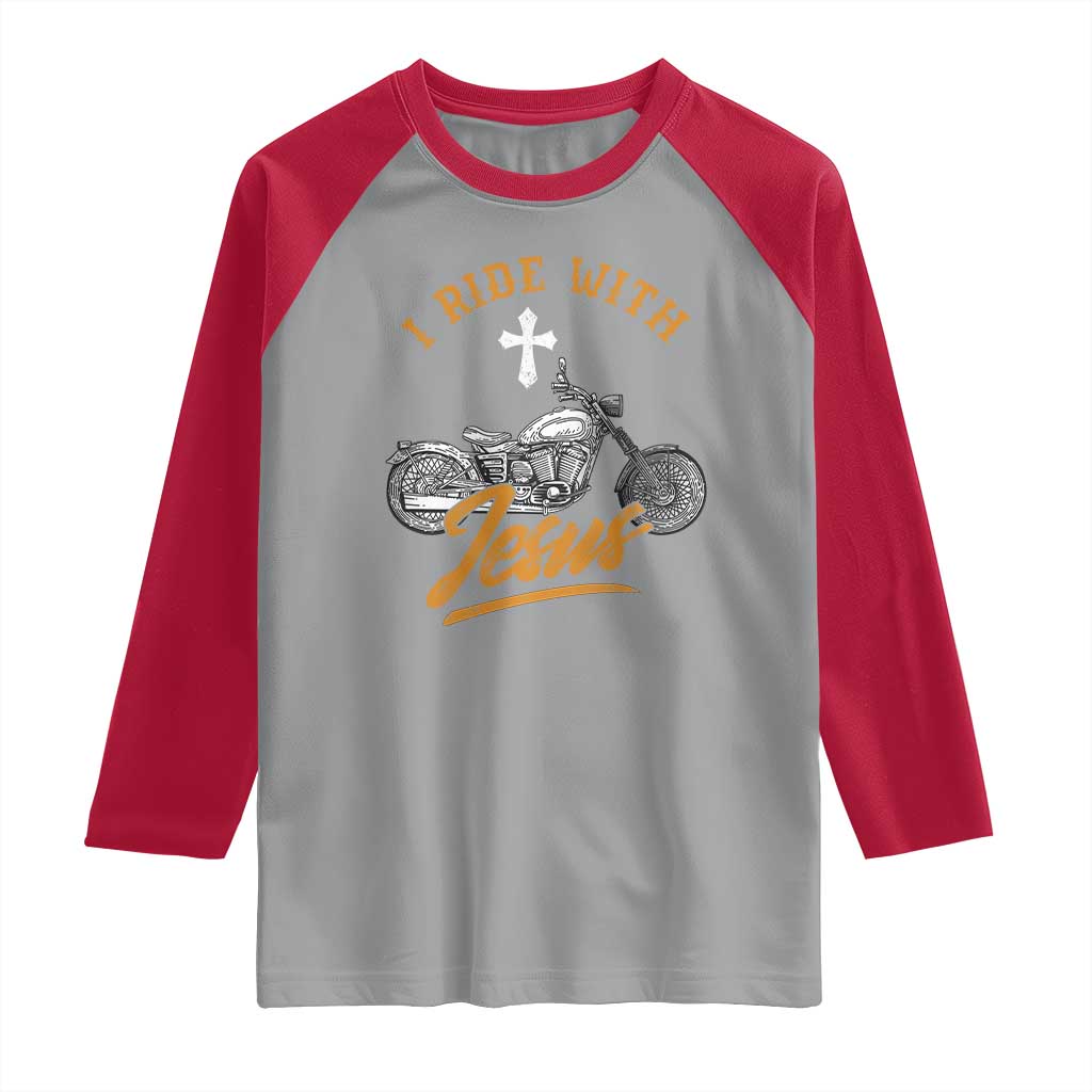 Christian Biker Raglan Shirt I Ride With Jesus Faith Motorcycle