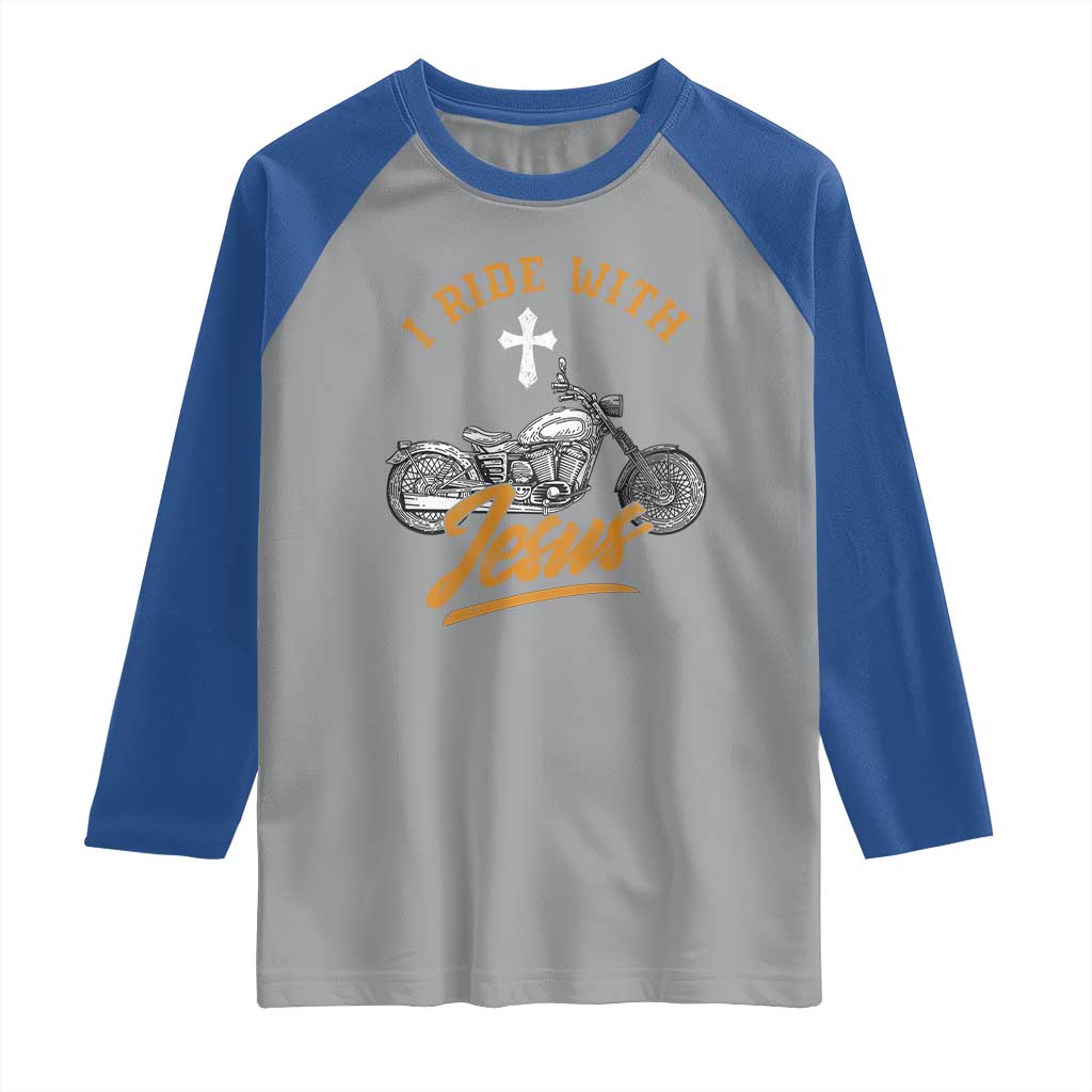Christian Biker Raglan Shirt I Ride With Jesus Faith Motorcycle