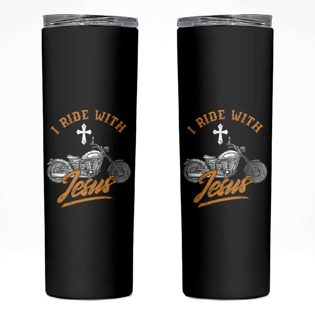Christian Biker Skinny Tumbler I Ride With Jesus Faith Motorcycle