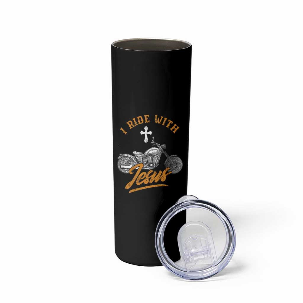 Christian Biker Skinny Tumbler I Ride With Jesus Faith Motorcycle