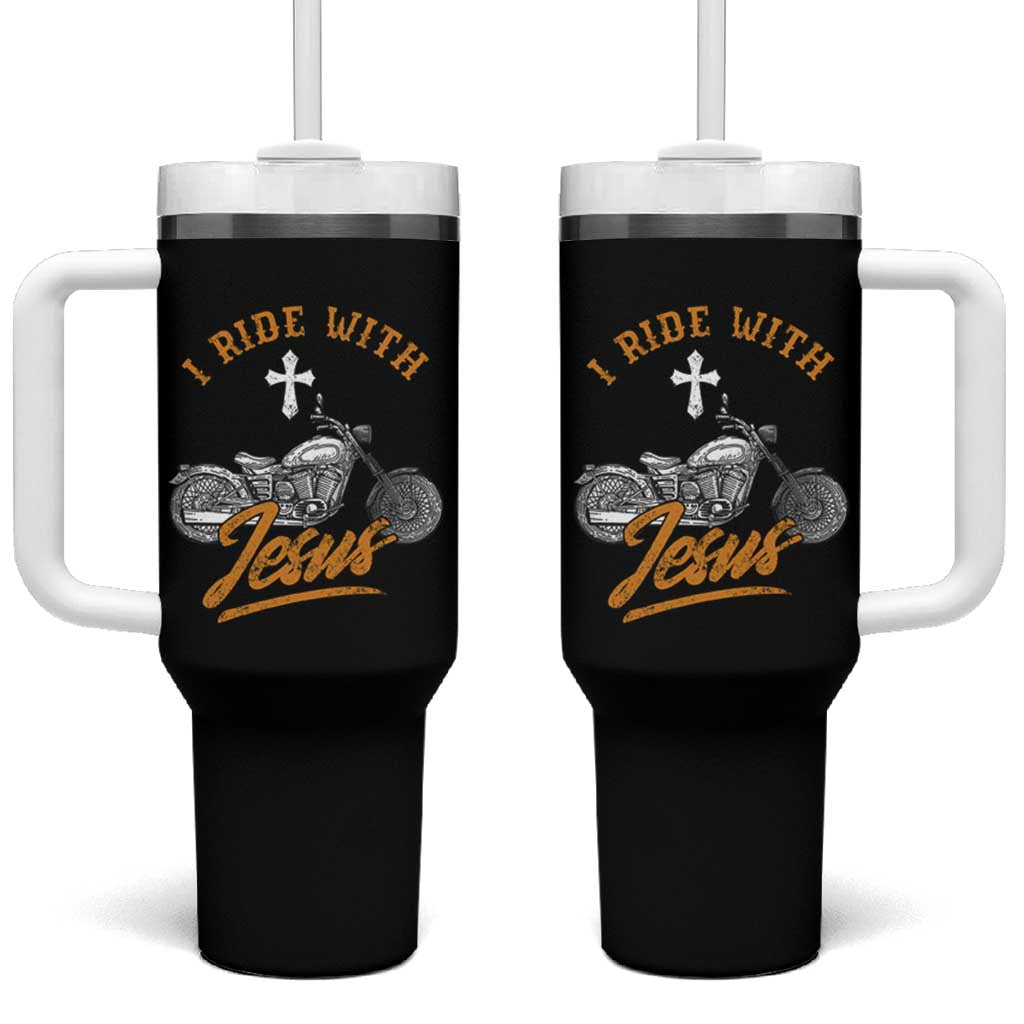 Christian Biker Tumbler With Handle I Ride With Jesus Faith Motorcycle