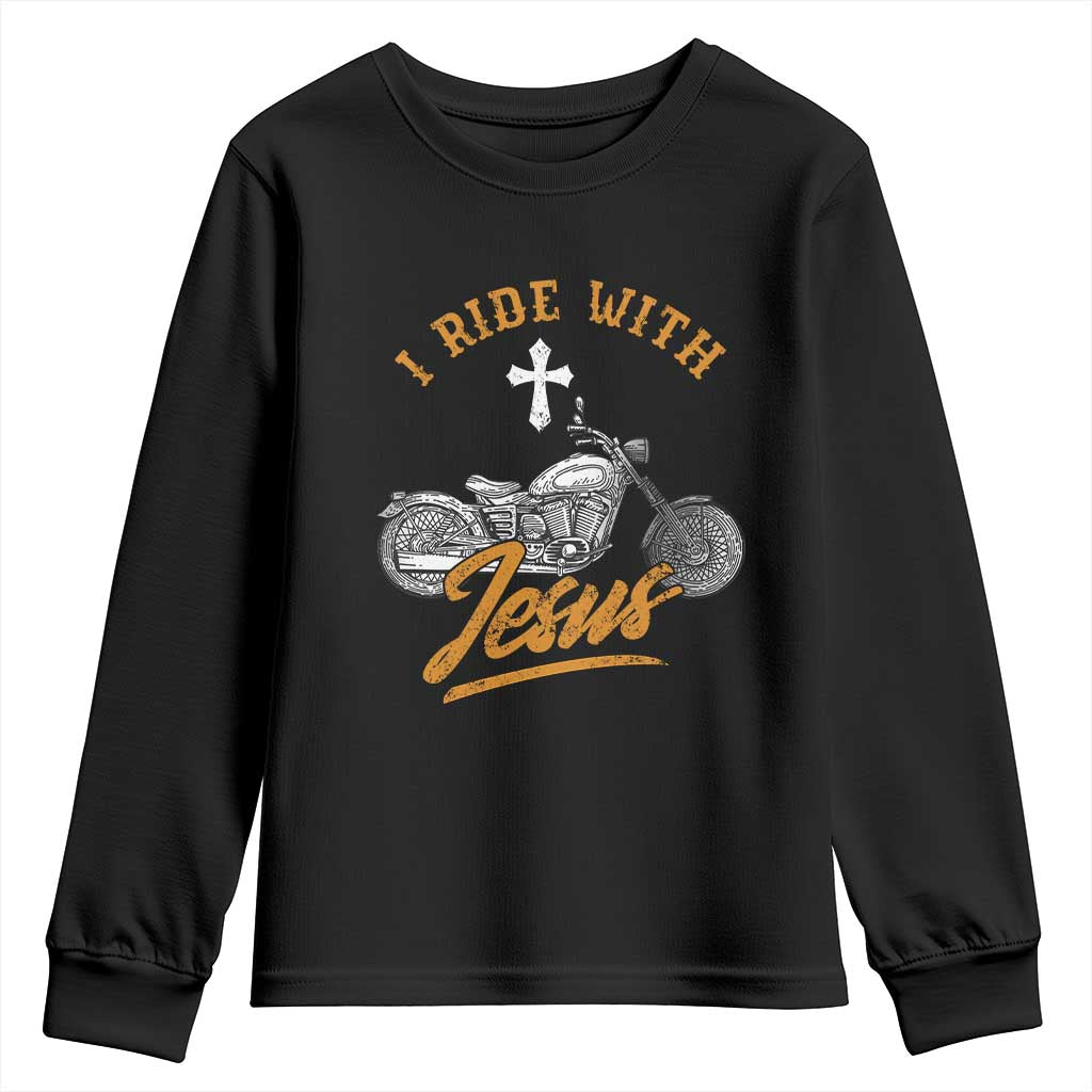 Christian Biker Youth Sweatshirt I Ride With Jesus Faith Motorcycle