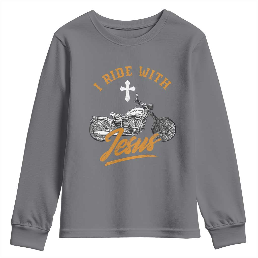 Christian Biker Youth Sweatshirt I Ride With Jesus Faith Motorcycle