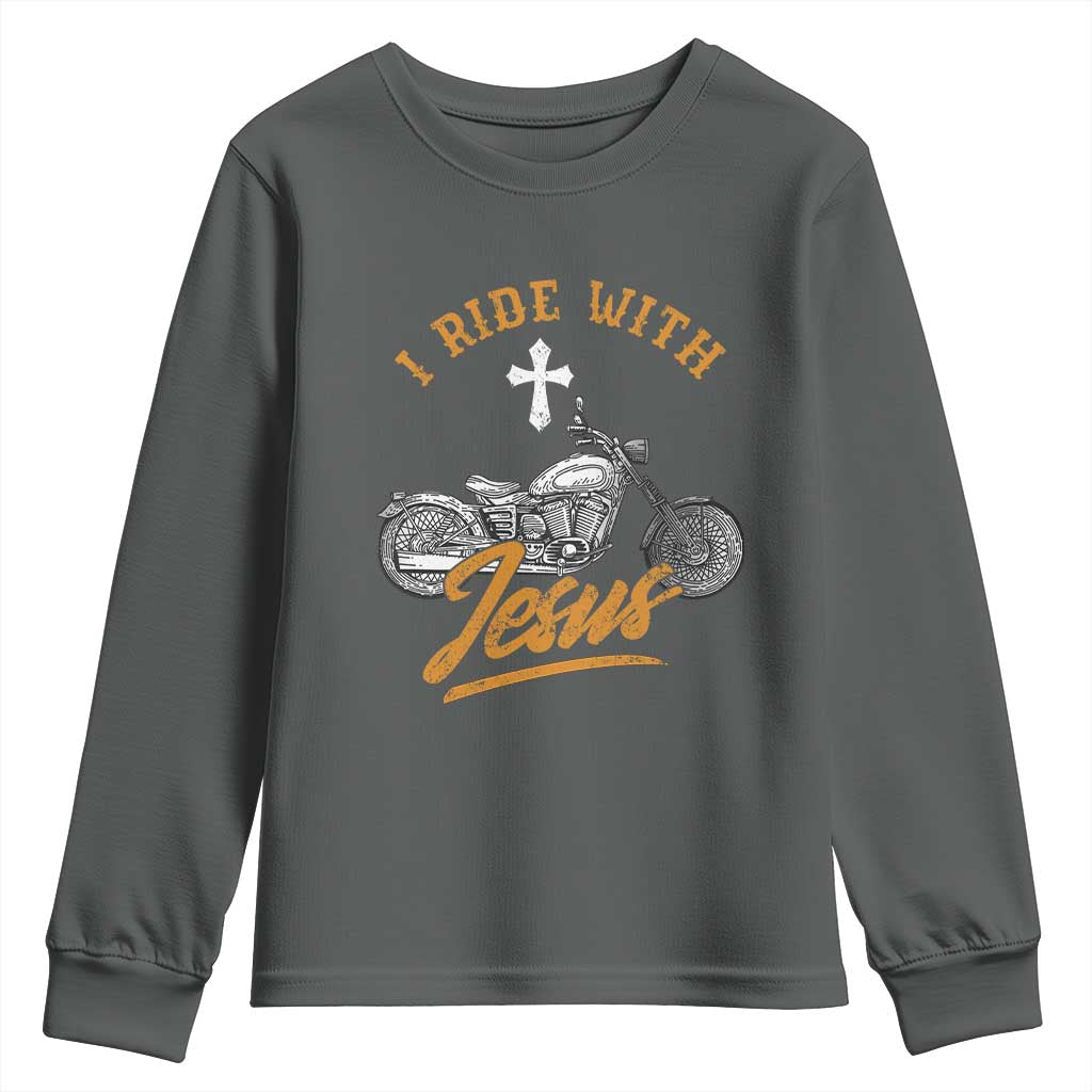 Christian Biker Youth Sweatshirt I Ride With Jesus Faith Motorcycle
