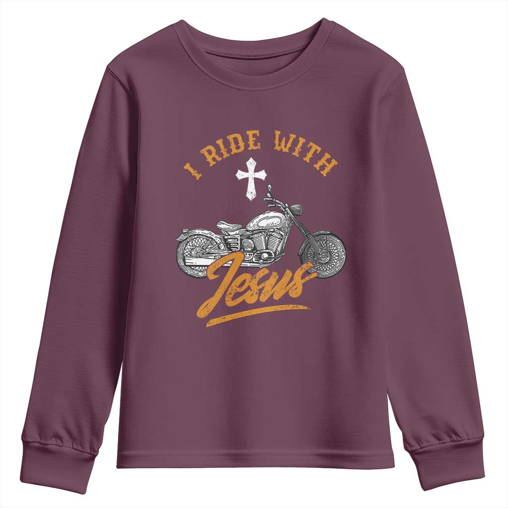 Christian Biker Youth Sweatshirt I Ride With Jesus Faith Motorcycle
