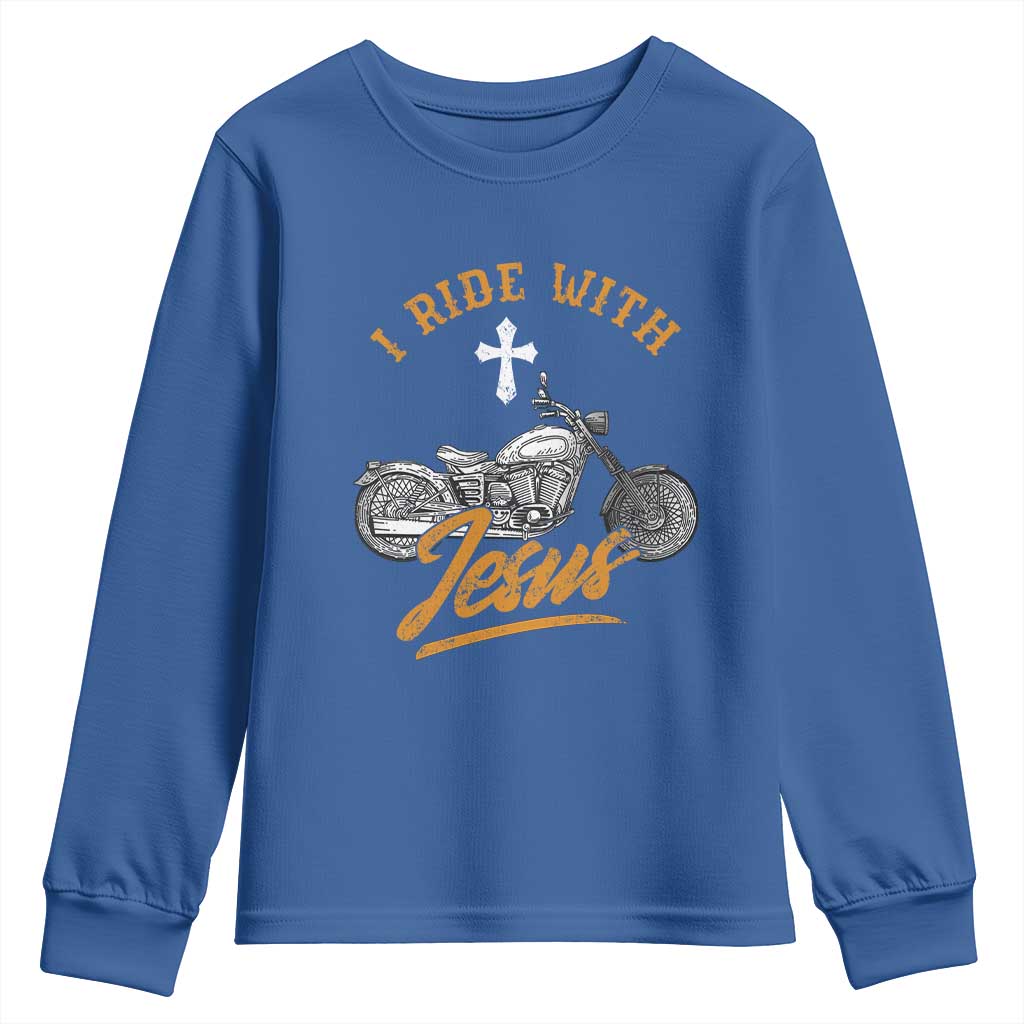 Christian Biker Youth Sweatshirt I Ride With Jesus Faith Motorcycle