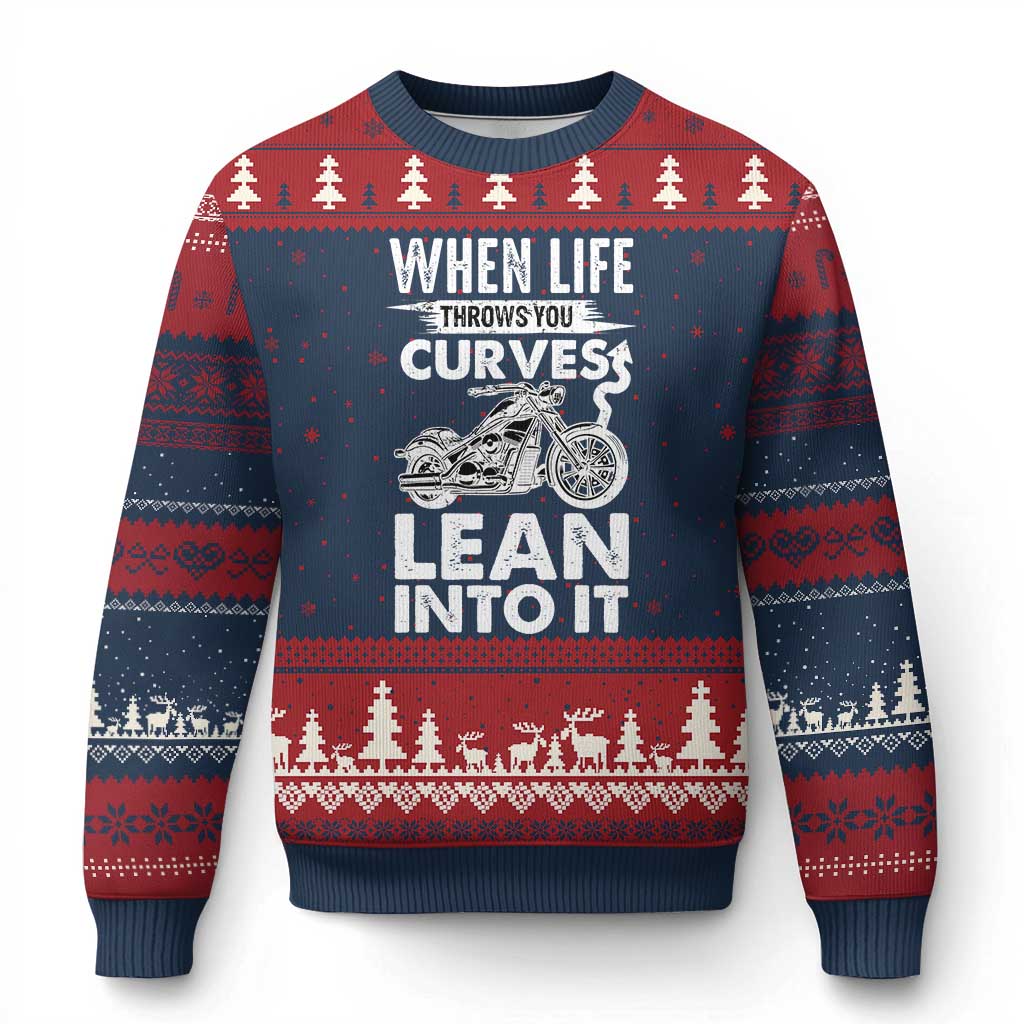 Funny Biker Ugly Christmas Sweater When Life Throws You Curves Lean Into It Motorcycle - Wonder Print Shop