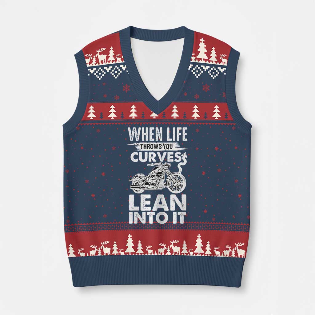 Funny Biker V-Neck Knit Sweater Vest When Life Throws You Curves Lean Into It Motorcycle - Wonder Print Shop
