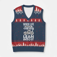 Funny Biker V-Neck Knit Sweater Vest When Life Throws You Curves Lean Into It Motorcycle - Wonder Print Shop