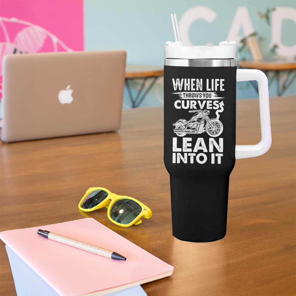 Funny Biker Tumbler With Handle When Life Throws You Curves Lean Into It Motorcycle