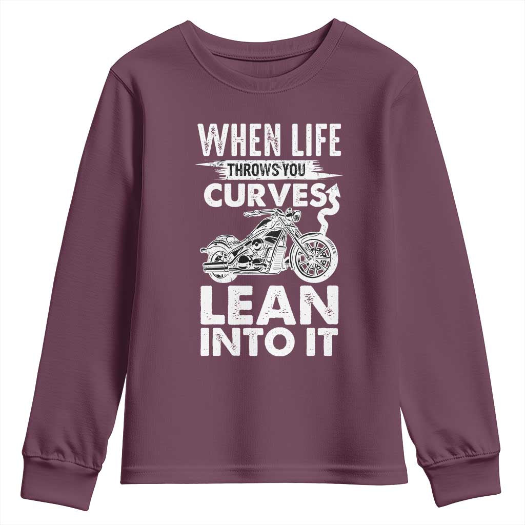 Funny Biker Youth Sweatshirt When Life Throws You Curves Lean Into It Motorcycle