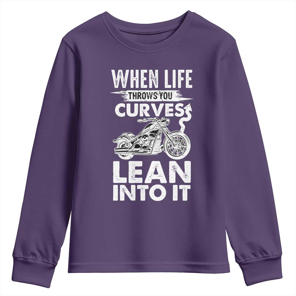 Funny Biker Youth Sweatshirt When Life Throws You Curves Lean Into It Motorcycle