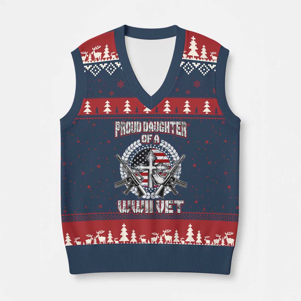 Proud Daughter Of A WWII Vet V-Neck Knit Sweater Vest World War 2 Veteran WW2 - Wonder Print Shop