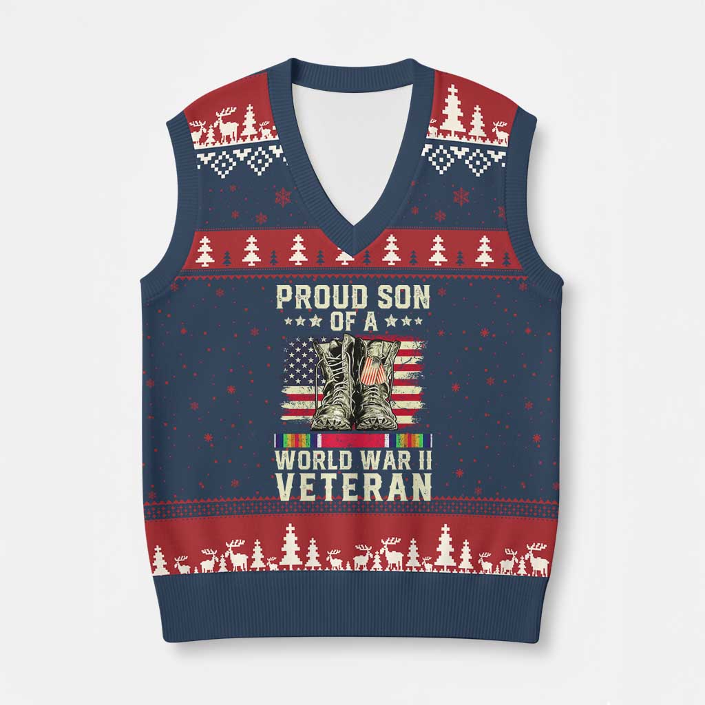 Proud Son Of World War 2 Veteran V-Neck Knit Sweater Vest WWII Vet Pride - Wonder Print Shop