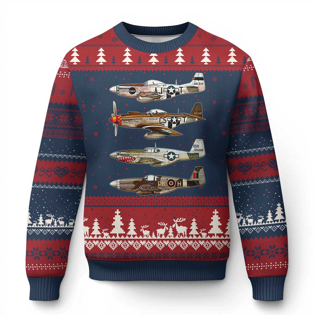 WW2 Warplanes B-17 P51 Ugly Christmas Sweater Vintage WWII Fighter Planes Iconic Military Aircraft - Wonder Print Shop