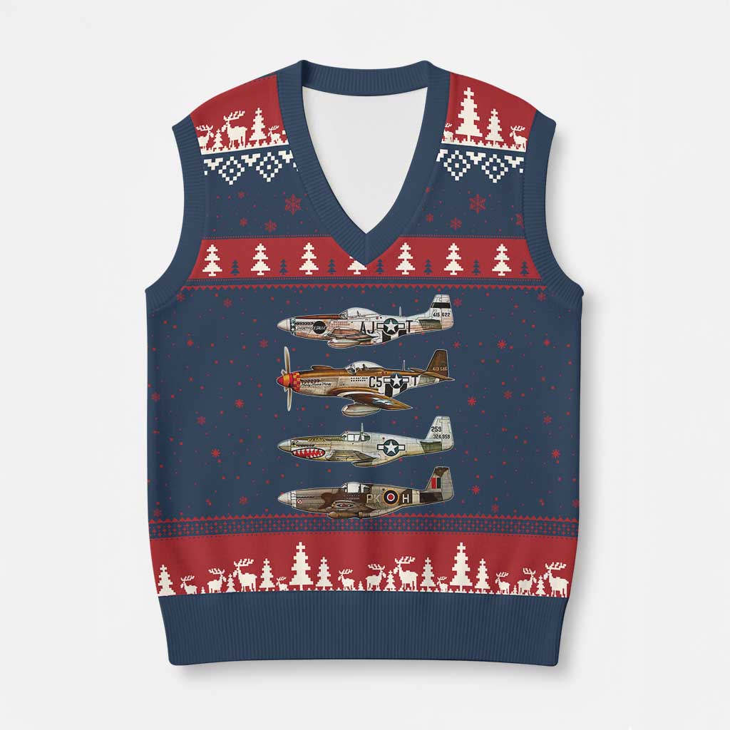 WW2 Warplanes B-17 P51 V-Neck Knit Sweater Vest Vintage WWII Fighter Planes Iconic Military Aircraft - Wonder Print Shop