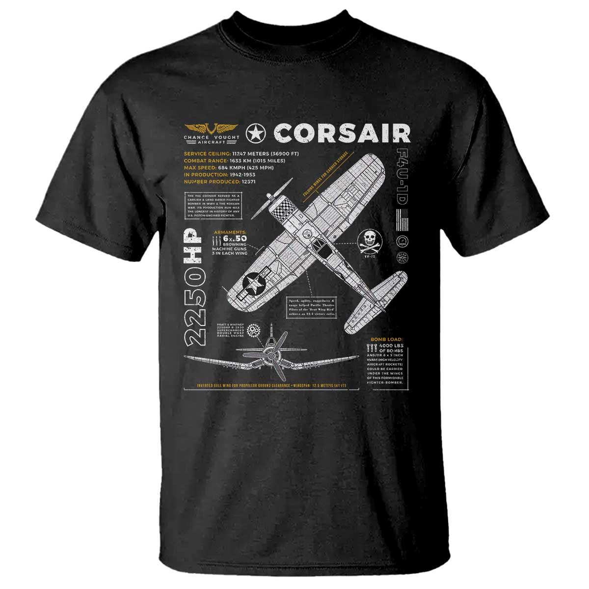 F4U Corsair T Shirt WW2 Fighter Plane US WWII Warbird Vintage