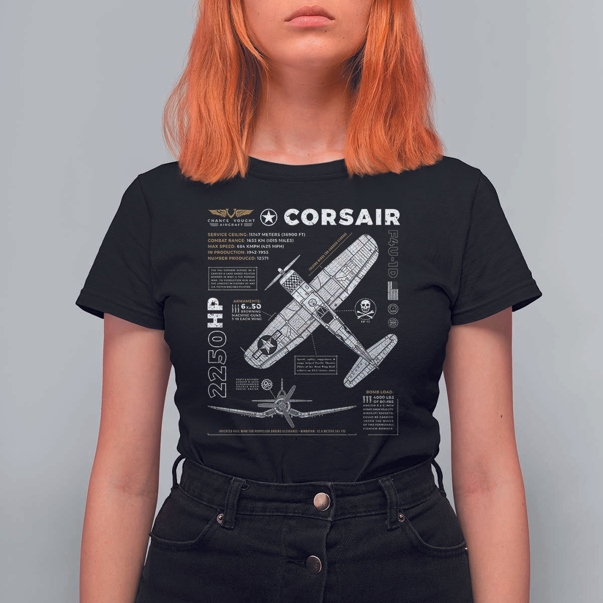 F4U Corsair T Shirt For Women WW2 Fighter Plane US WWII Warbird Vintage