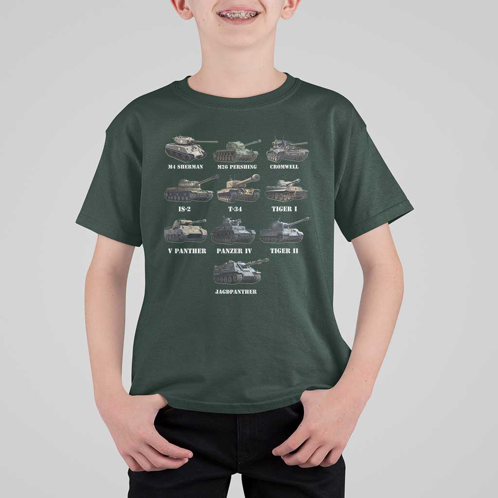 WW2 Tanks T Shirt For Kid M4 Sherman Panzer IV Tiger II T-34 History Buff