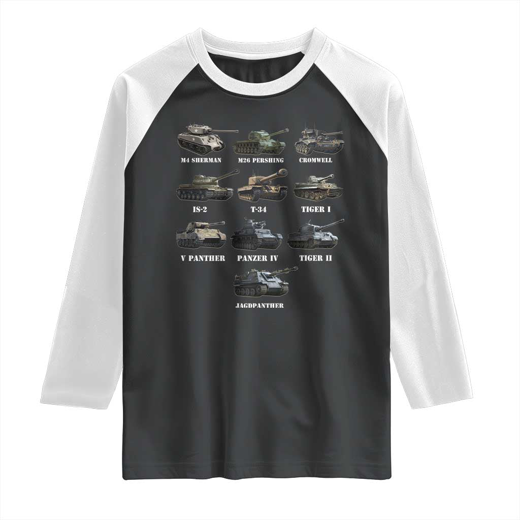 WW2 Tanks Raglan Shirt M4 Sherman Panzer IV Tiger II T-34 History Buff