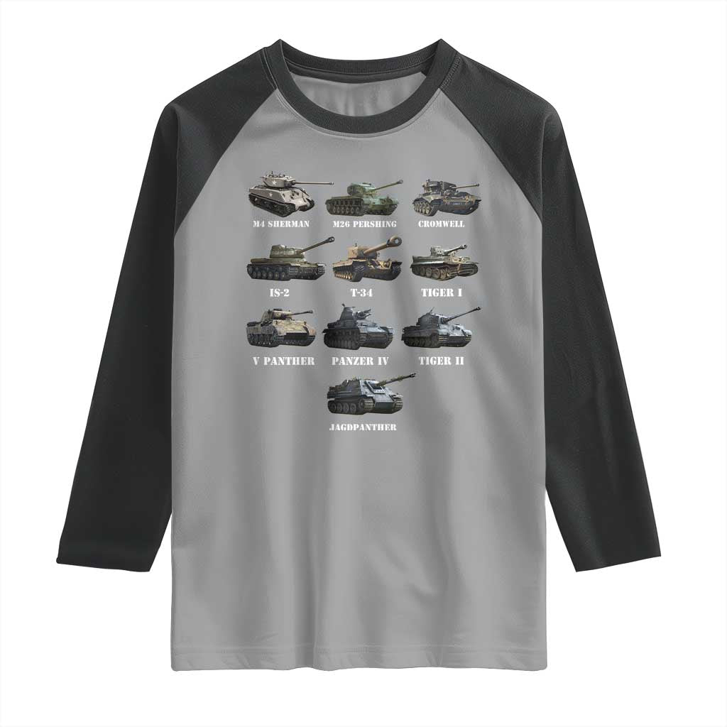 WW2 Tanks Raglan Shirt M4 Sherman Panzer IV Tiger II T-34 History Buff