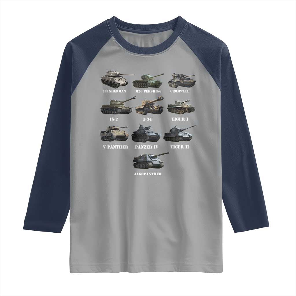 WW2 Tanks Raglan Shirt M4 Sherman Panzer IV Tiger II T-34 History Buff