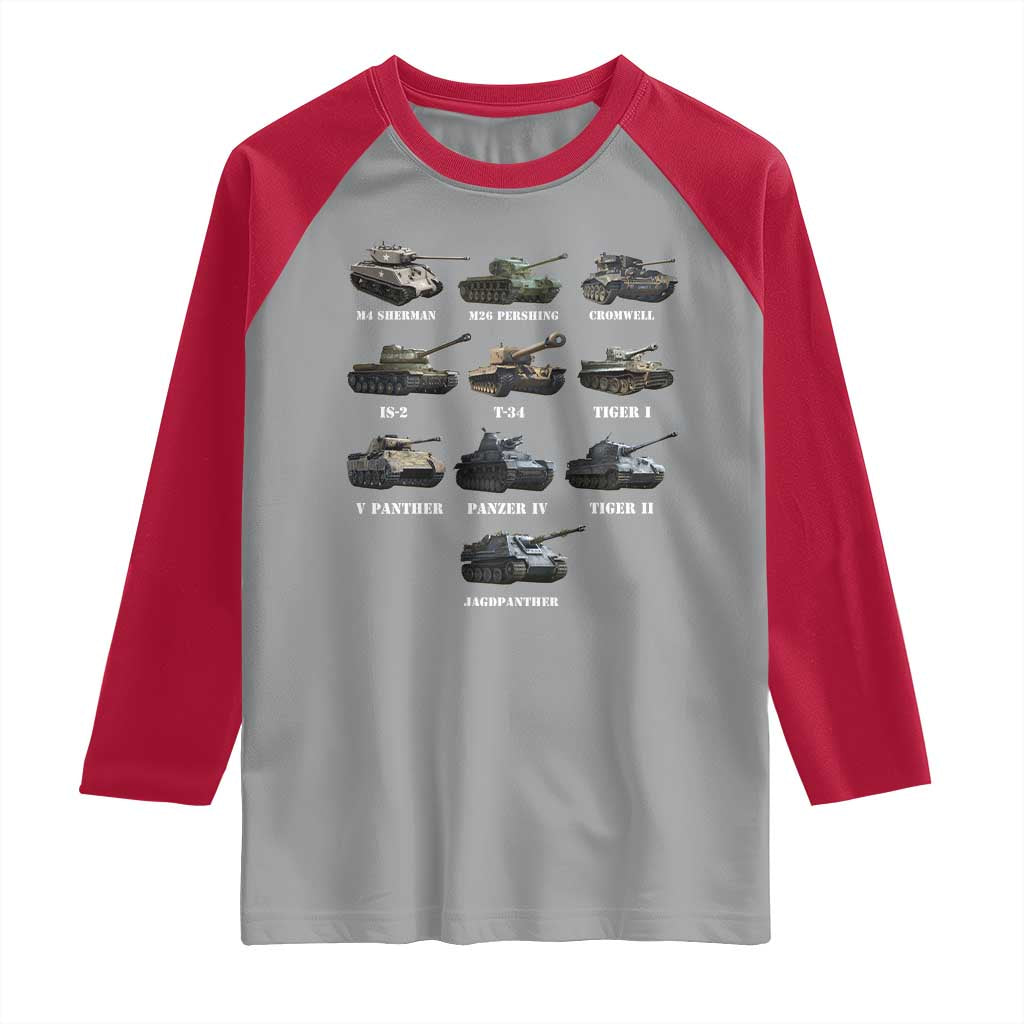 WW2 Tanks Raglan Shirt M4 Sherman Panzer IV Tiger II T-34 History Buff