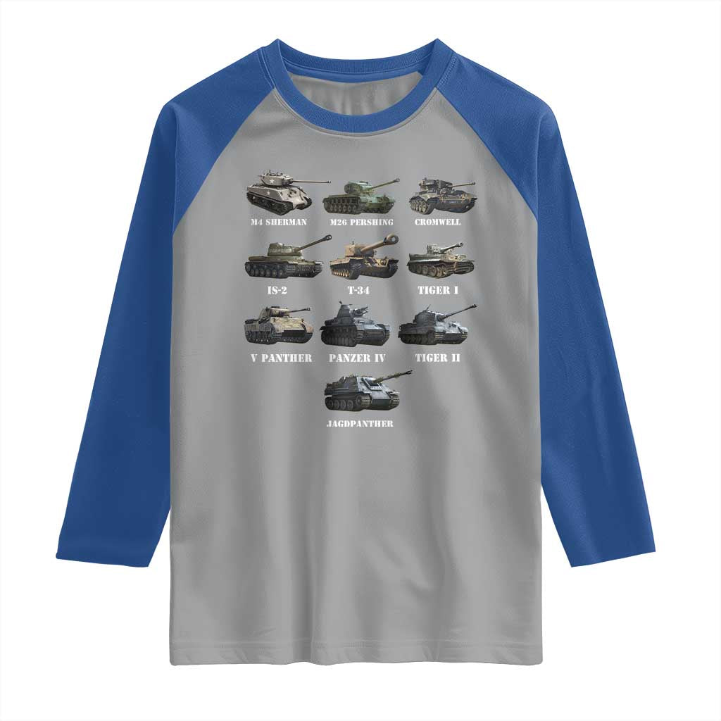 WW2 Tanks Raglan Shirt M4 Sherman Panzer IV Tiger II T-34 History Buff