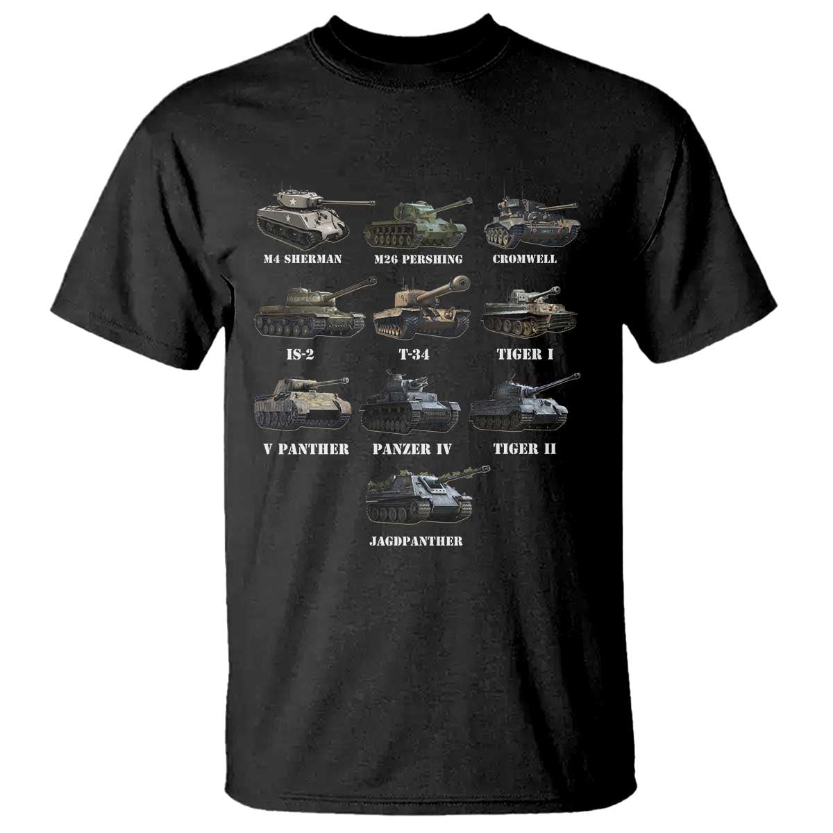 WW2 Tanks T Shirt M4 Sherman Panzer IV Tiger II T-34 History Buff