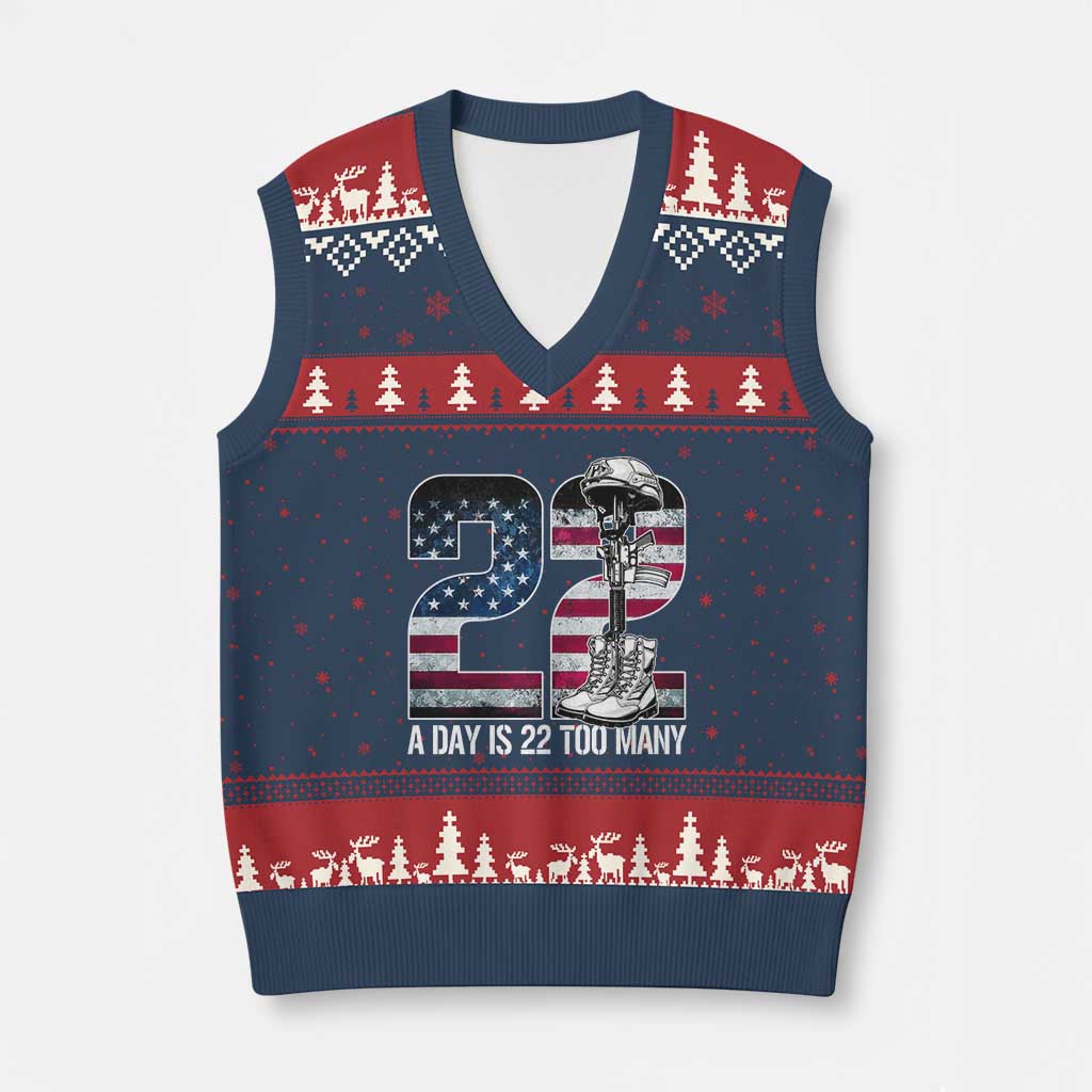 Veteran Suicide Awareness V-Neck Knit Sweater Vest 22 A Day is 22 Too Many Veteran Lives Matter - Wonder Print Shop
