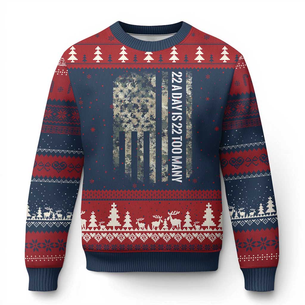 Veteran Suicide Awareness Ugly Christmas Sweater USA Flag 22 A Day Is 22 Too Many - Wonder Print Shop