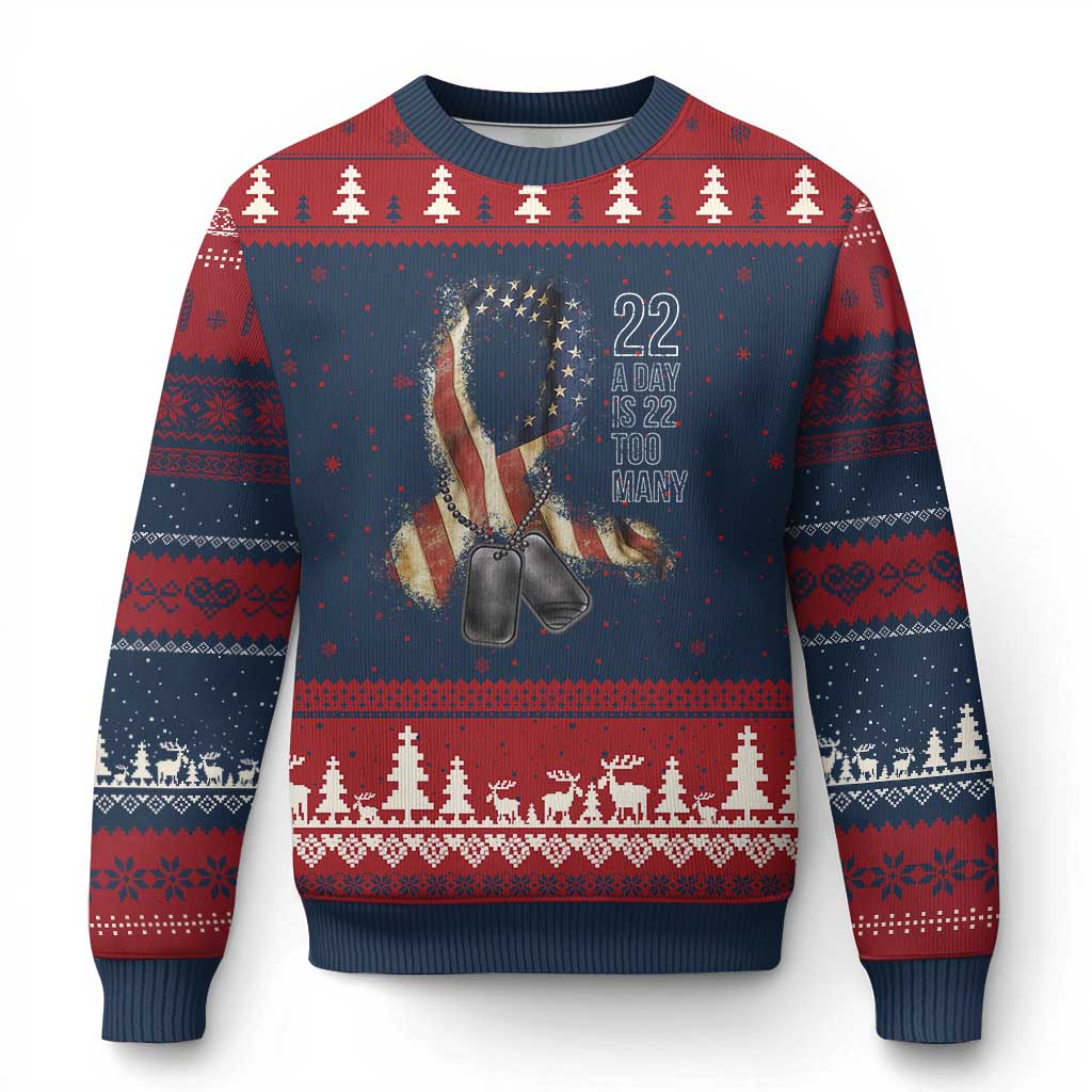Veteran Suicide Awareness Ugly Christmas Sweater 22 A Day Is 22 Too Many American Flag Ribbon - Wonder Print Shop