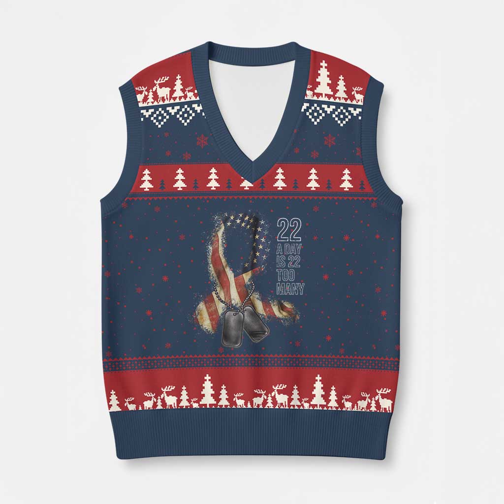 Veteran Suicide Awareness V-Neck Knit Sweater Vest 22 A Day Is 22 Too Many American Flag Ribbon - Wonder Print Shop