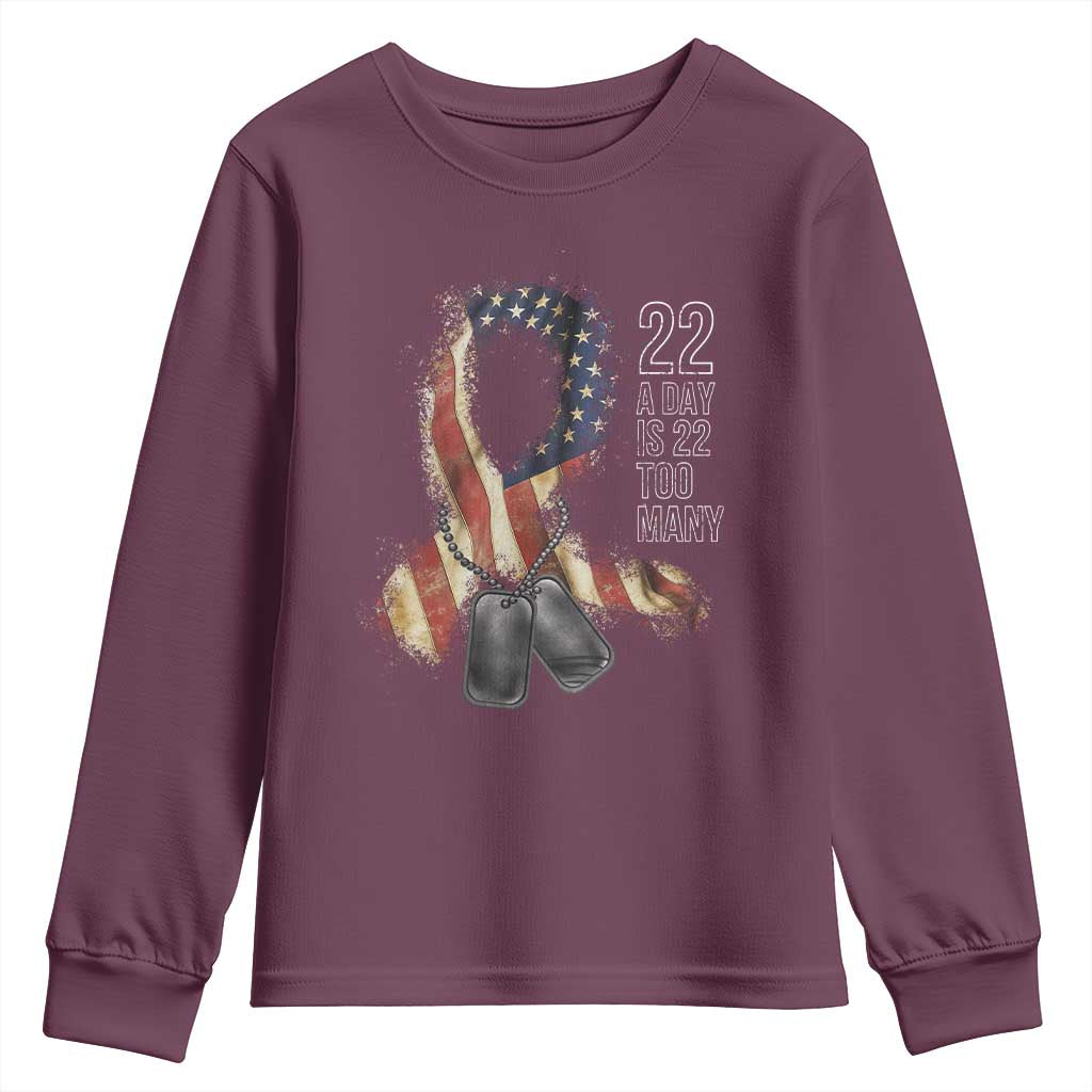 Veteran Suicide Awareness Youth Sweatshirt 22 A Day Is 22 Too Many American Flag Ribbon