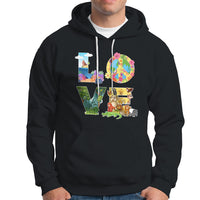 Black pullover hoodie with front pocket and colorful Earth-themed graphic on chest