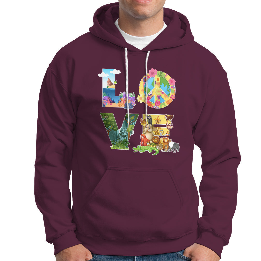 Maroon pullover hoodie with front pocket and colorful Earth-themed graphic on chest