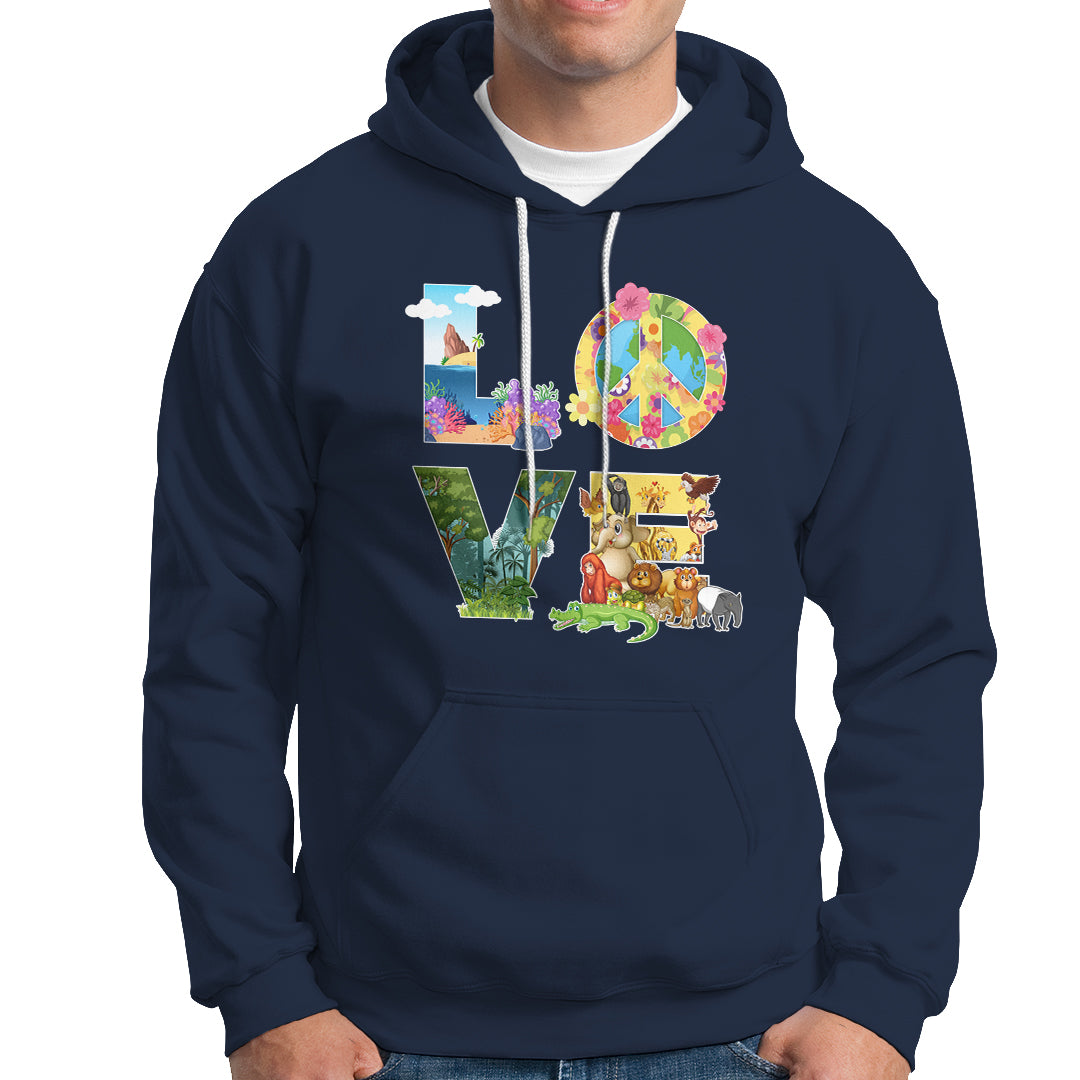 Navy pullover hoodie with front pocket and colorful Earth-themed graphic on chest