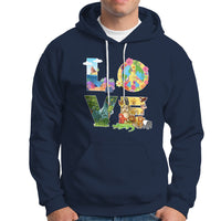 Navy pullover hoodie with front pocket and colorful Earth-themed graphic on chest