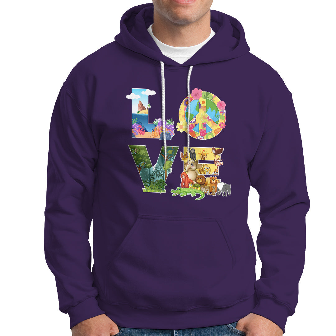 Purple pullover hoodie with front pocket and colorful Earth-themed graphic on chest
