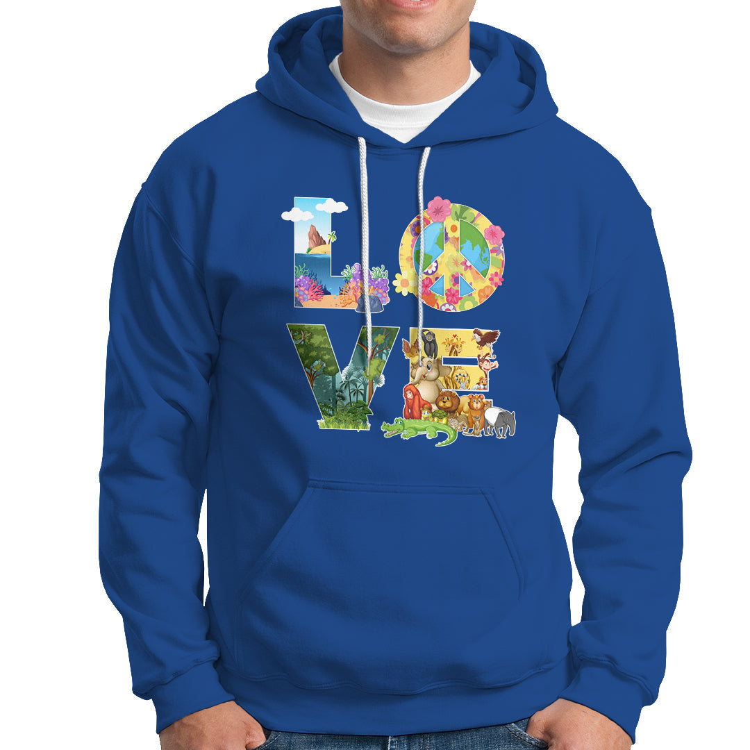Royal blue pullover hoodie with front pocket and colorful Earth-themed graphic on chest